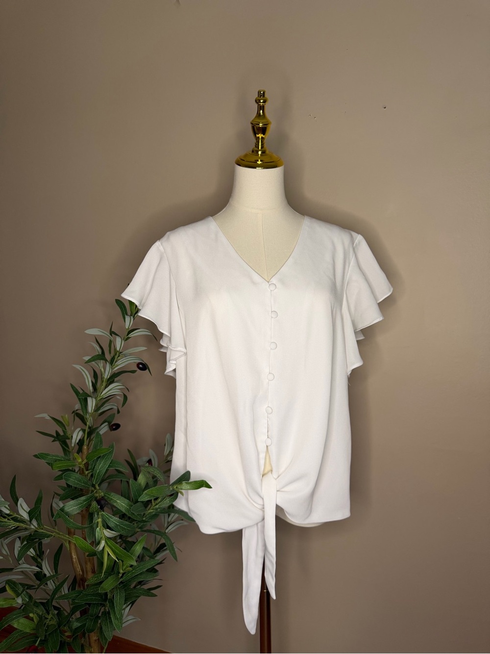 434. Tie-Front V-Neck Flutter Sleeve Blouse - White - Picture 2 of 3